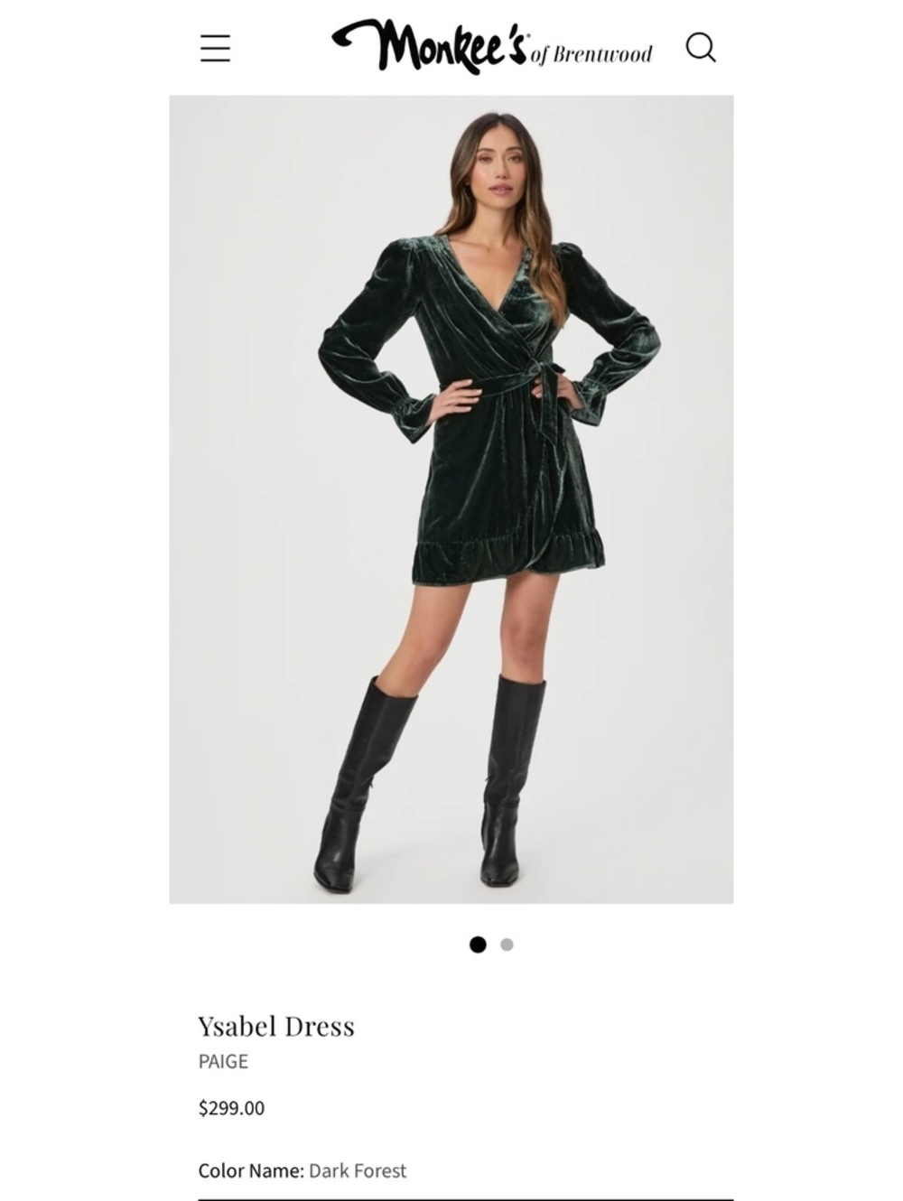 PAIGE Ysabel Dark Forest Velvet Wrap Dress, Size M